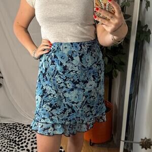 Vintage Floral Ruffled Flounce Hem Straight Mini Skirt Blue Petite Medium 90s